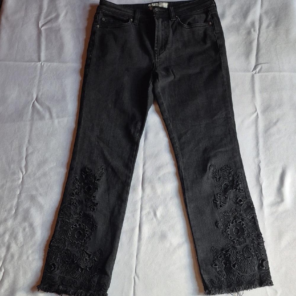 Free People Black Straight Leg Jeans with Distressed Details